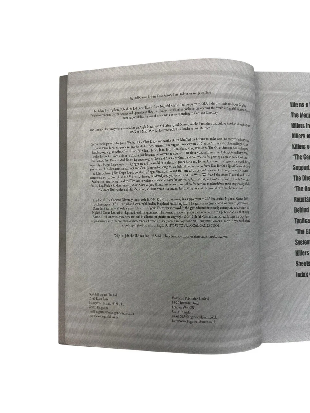 SLA Industries: The Contract Directory by Nightfall Games RPG Book